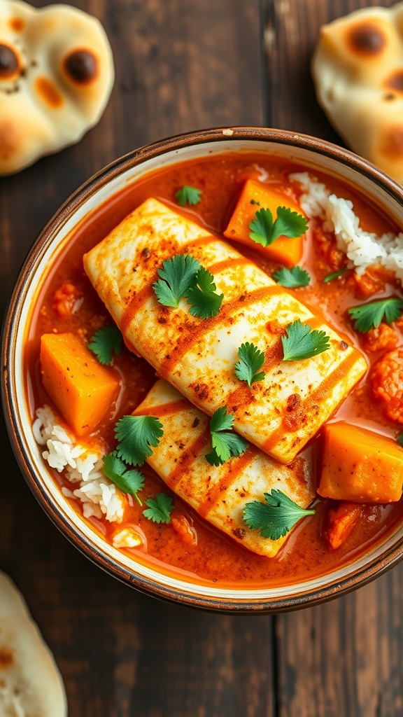 A bowl of spicy Indian Masala Tilapia Curry with cilantro and rice, served with naan.
